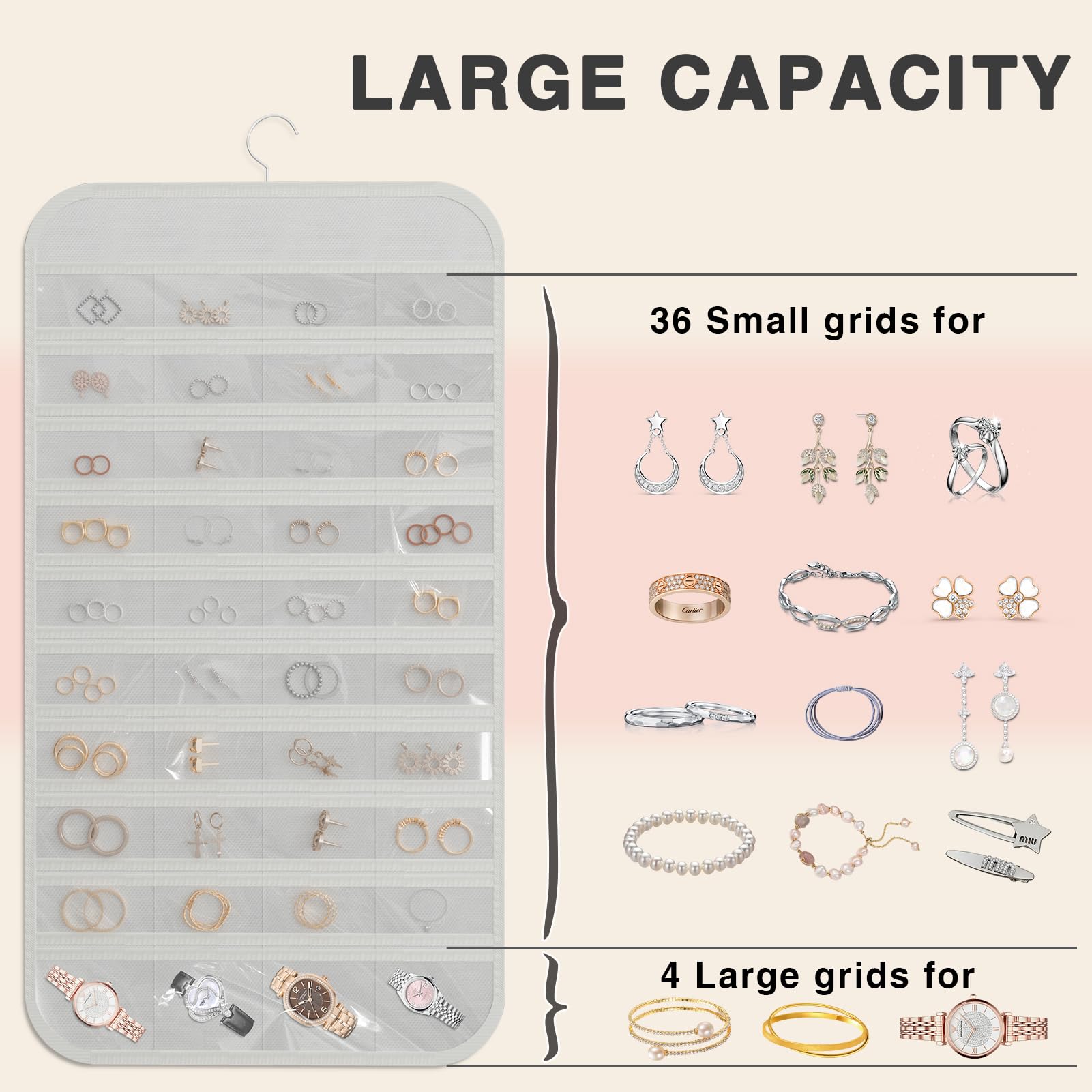 DonYeco Hanging Jewelry Organizer Storage, 40 Pockets 36 Hooks Necklace Earring Necklace Bracelet Ring Organizer, Double - Sided Design, White