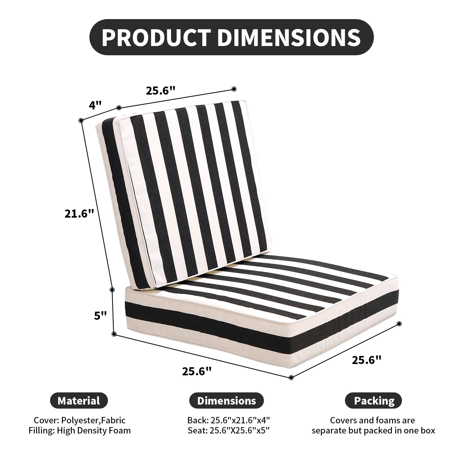 LebenLiebe Outdoor Seat Cushions Set for Patio Furniture Deep Seating Patio Cushion Set Weather-Resistant Thick Cushions 25.6" W x 25.6" D x 5”T,Black Stripes