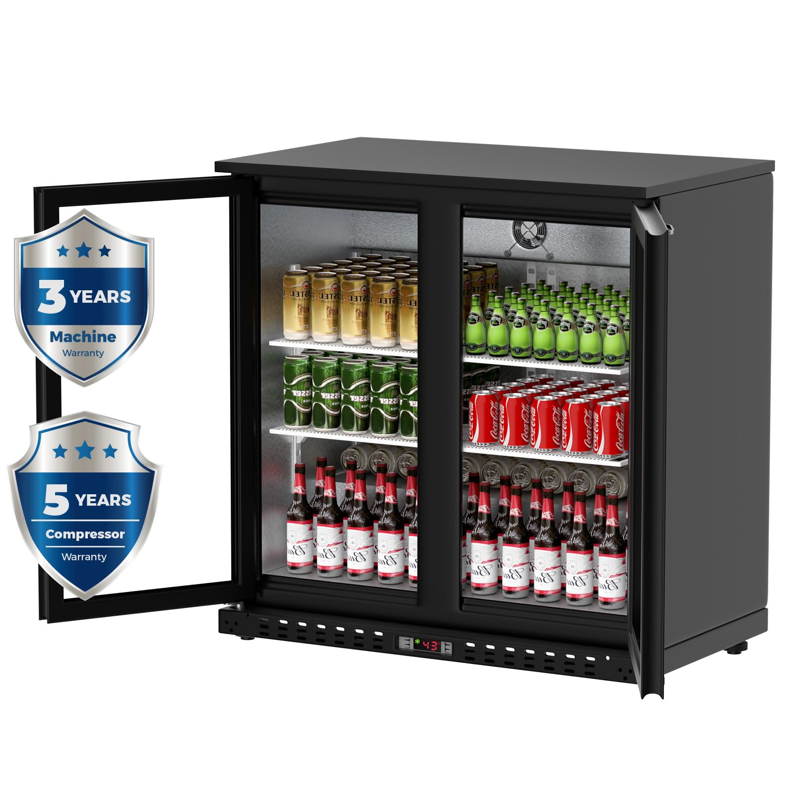 KICHKING 7.4 Cu.Ft Back Bar Cooler 35.4" W Beverage Refrigerator, 2 Low-E Glass Doors, Counter Height Bar Fridge, Commercial Display Refrigerator Anti-Fog, LED Light Beer, Wine, Soda, Soft Drinks