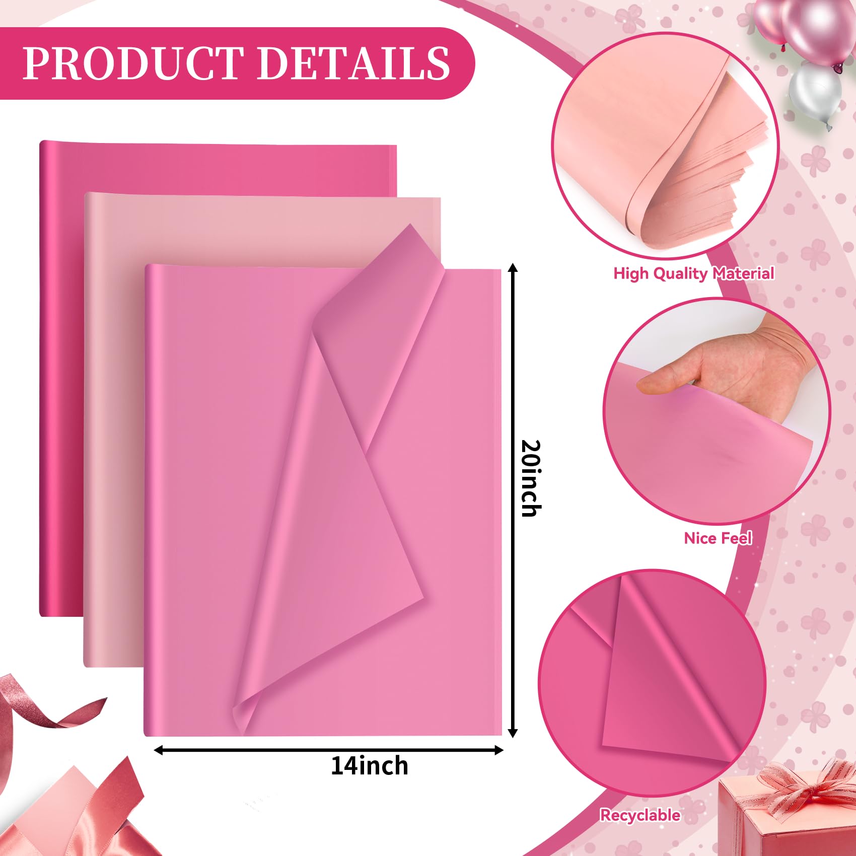 30 Sheets Pink Tissue Paper for Packaging Gift Bags Decoration, Gift Wrap Tissue Paper Bulk Sheets for Weddings Birthday DIY Project Valentine's Day Gift Wrapping Crafts Decor