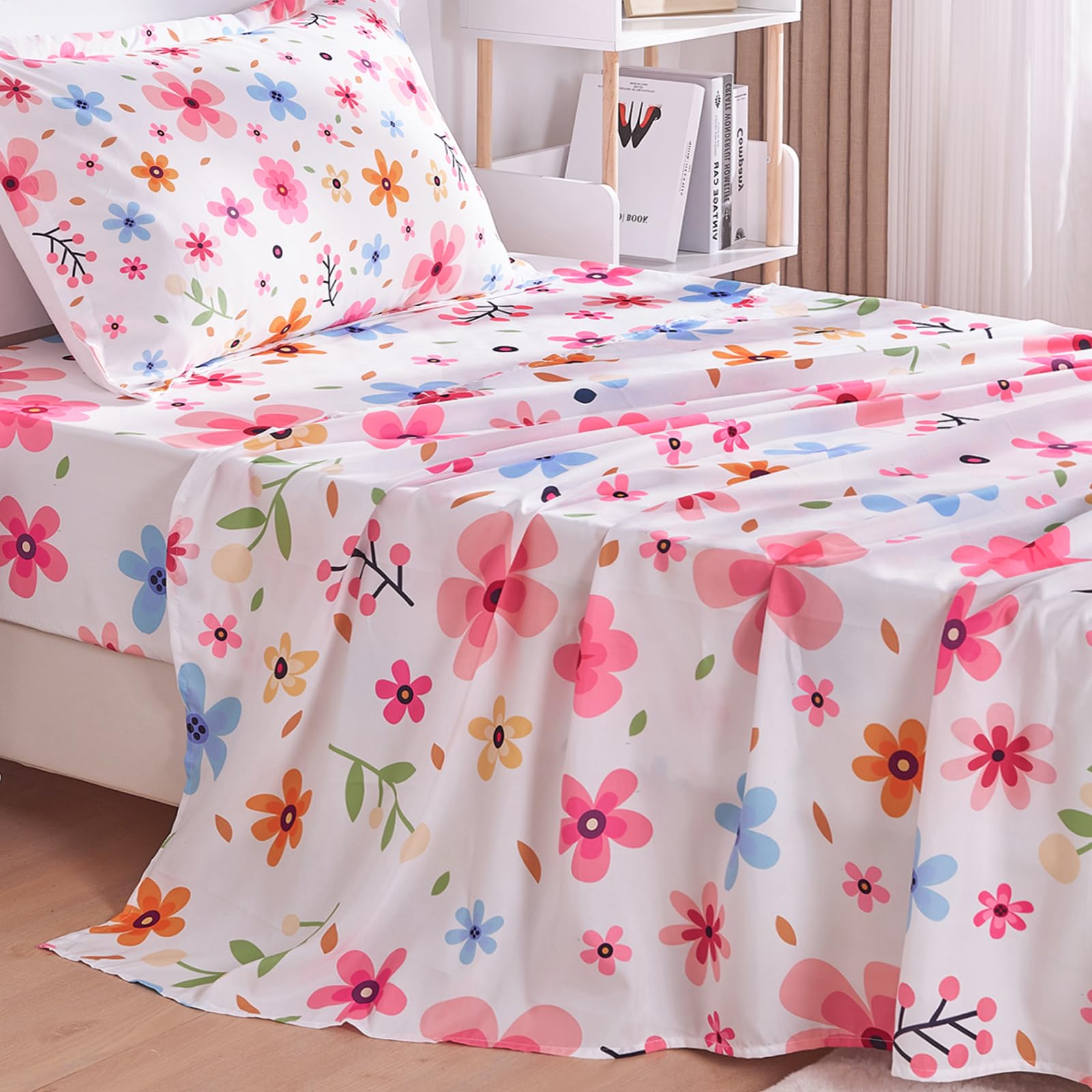 Cozyholy Twin Sheets Set Colorful Floral Bed Sheets Set Girls Cute Soft Microfiber Cooling Sheets 3 Pieces Kids Twin Size Bed Set Wrinkle Free, 15 inch Deep Pocket Fitted Sheet, Flat Sheet, Pillowcase