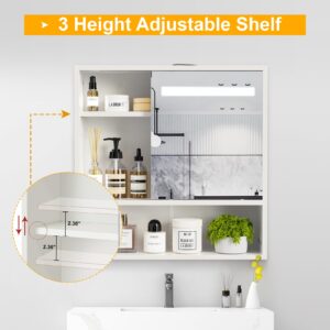 Sunghome Medicine Cabinet Mirror Bathroom Wall Cabinet, LED Light Bathroom Mirror with Storage, Medicine Cabinets with Slid Door and Adjustable Shelf, White, 24'' x 23.6''