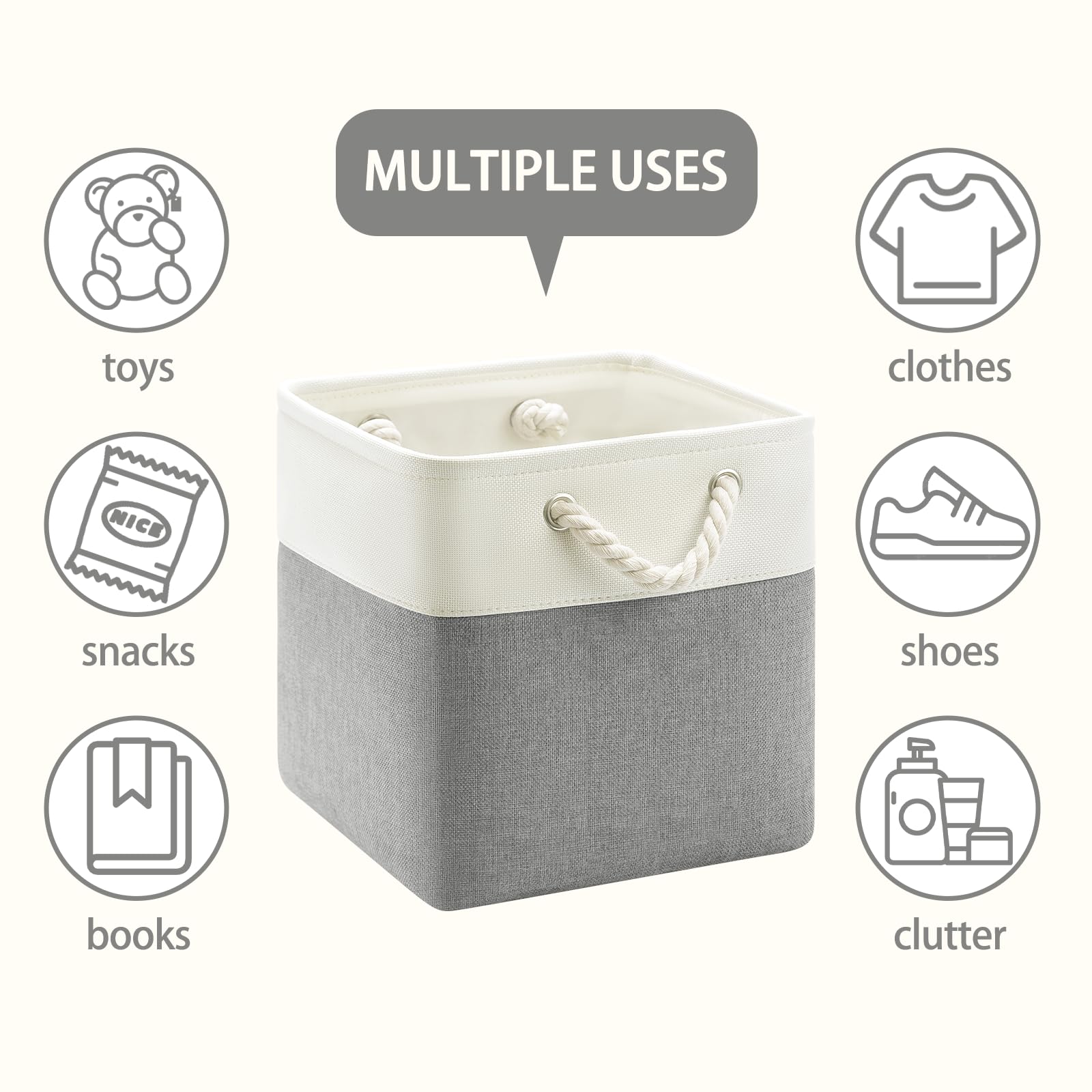 Patvingot 11x11 Cube Storage Bins,4 Pack Foldable Fabric Cube Organizer Bins with Rope Handles ,Storage Cubes for Organizing Bedroom, Living Room, Clothes and Toys, Shelves and Closet (White&Gray)