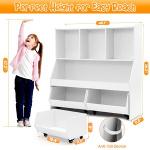 Tykacna Toy Storage Organizer for Kids with Bookshelf,Ideal Toy Organizer with 2 Movable Drawers, 4-Tier Toddler Book Shelf for Kids Rooms with 6 Storage Cubbies,White