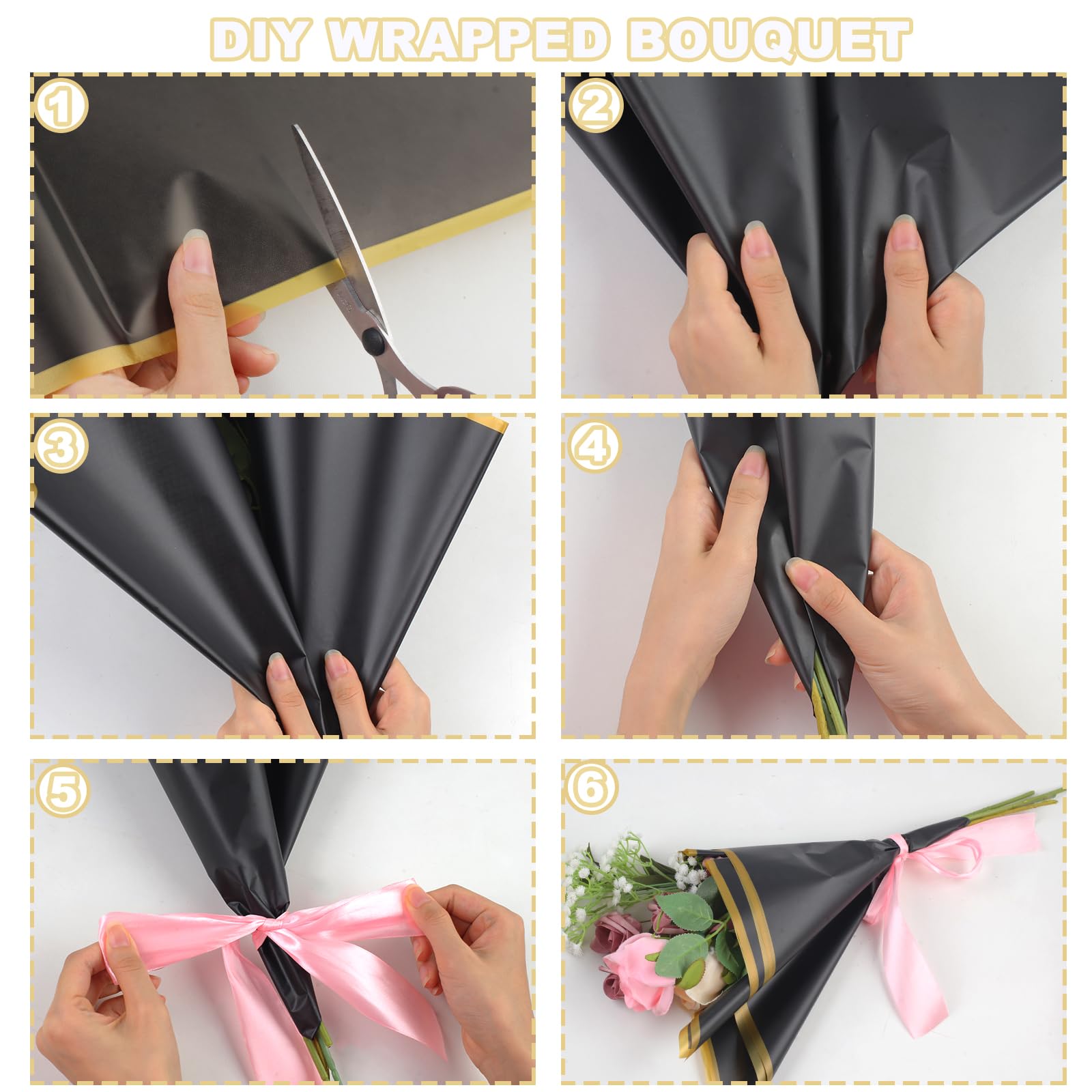 vivinin 24 Sheets Bouquet Wrapping Paper, 24.3x24 inch Waterproof Flower Paper Wrap, Flower Bouquet Wrapping Paper for Wedding Birthday Gift DIY, Flower Wrapping Paper Gold Edge (Black)