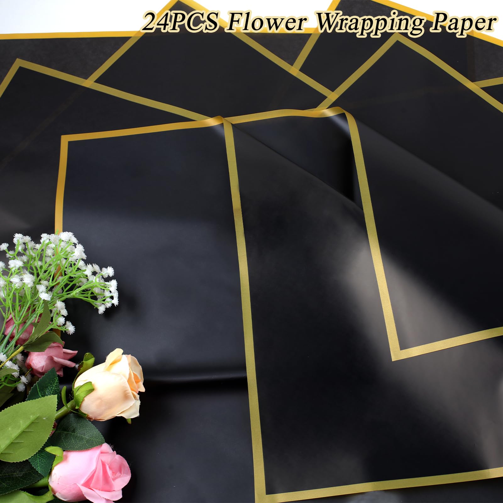 vivinin 24 Sheets Bouquet Wrapping Paper, 24.3x24 inch Waterproof Flower Paper Wrap, Flower Bouquet Wrapping Paper for Wedding Birthday Gift DIY, Flower Wrapping Paper Gold Edge (Black)