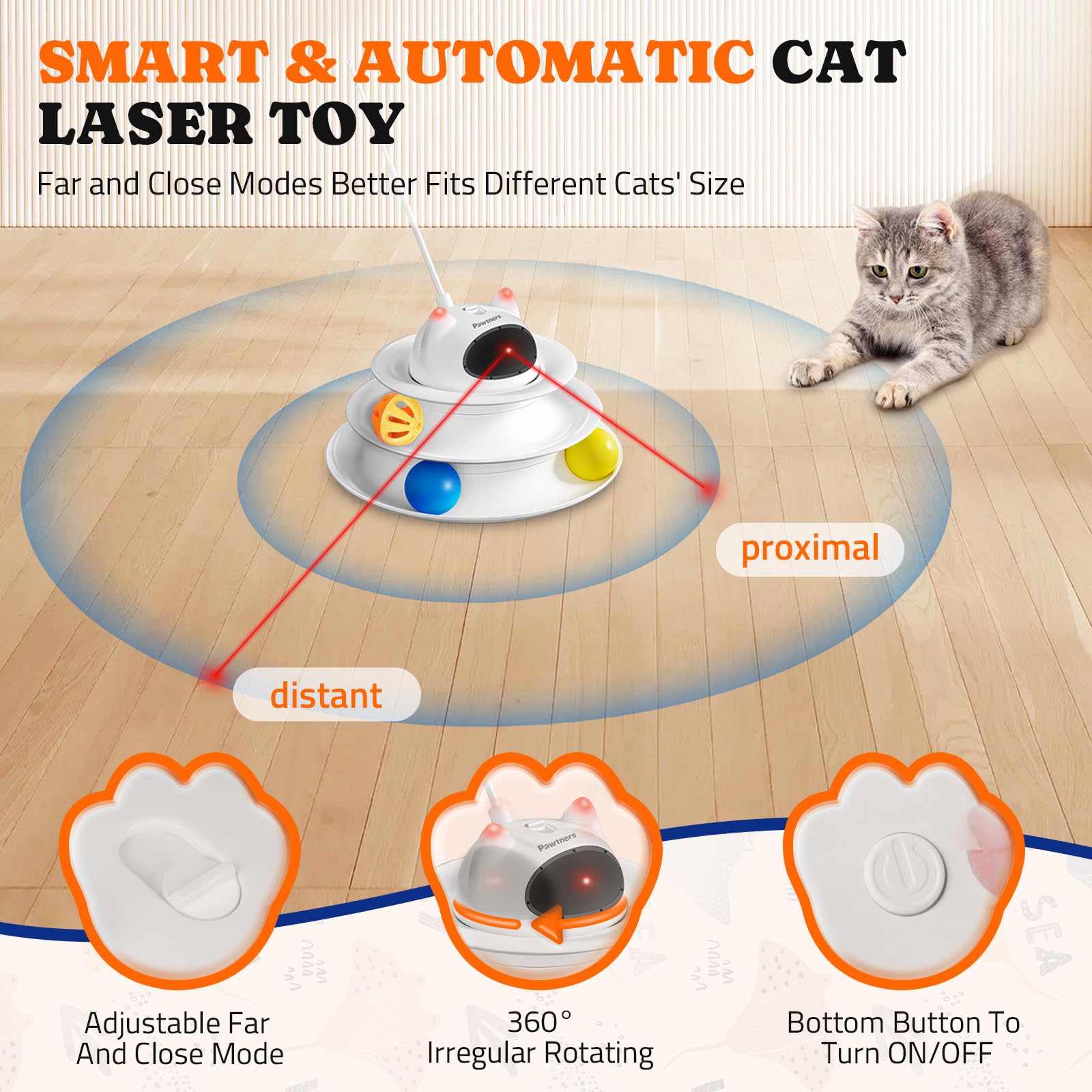 Interactive Cat Toy: 5 in 1 Automatic Cat Toy for Indoor Cats, Rechargeable Hide and Seek Toy with PVC Cover, Battery Operated Kitten Laser Toy, Self Play Fluttering Feather Wand with Track Ball