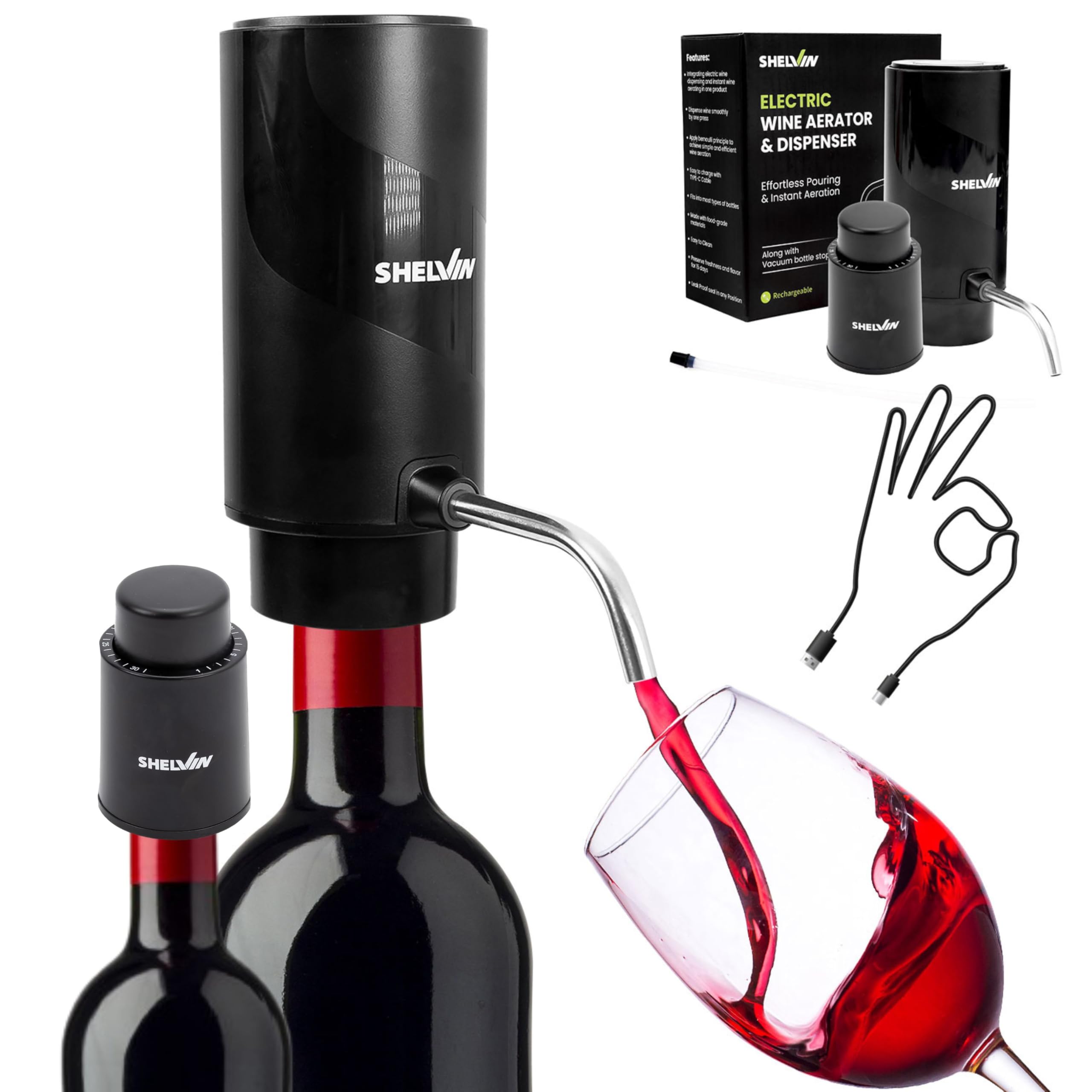 Electric Wine Aerator and Vacuum Bottle Stopper Preserver - USB Rechargeable Automatic Drink Dispenser Decanter Instantly Pours Flavor-Rich White and Red Wine Perfect for Home, Bar, Wine-lovers Gift