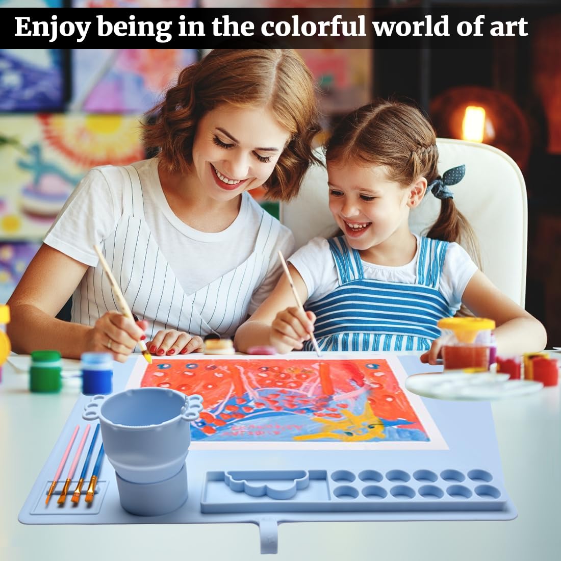 Silicone Painting Mat - 20"X16" Painting Station for Kids with 1 Water Cup Reusable, Non-Slip, and Easy to Clean Perfect for Arts, Crafts, and DIY Projects (Blue)