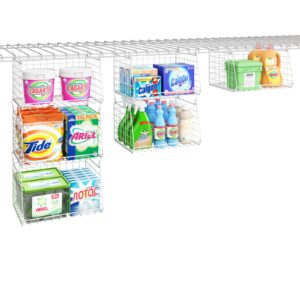 3-tier hanging laundry basket organizer：foldable wire shelf laundry room organizer with 360°rotating hooks space saving over washer and dryer shelves - metal laundry organization and storage, white