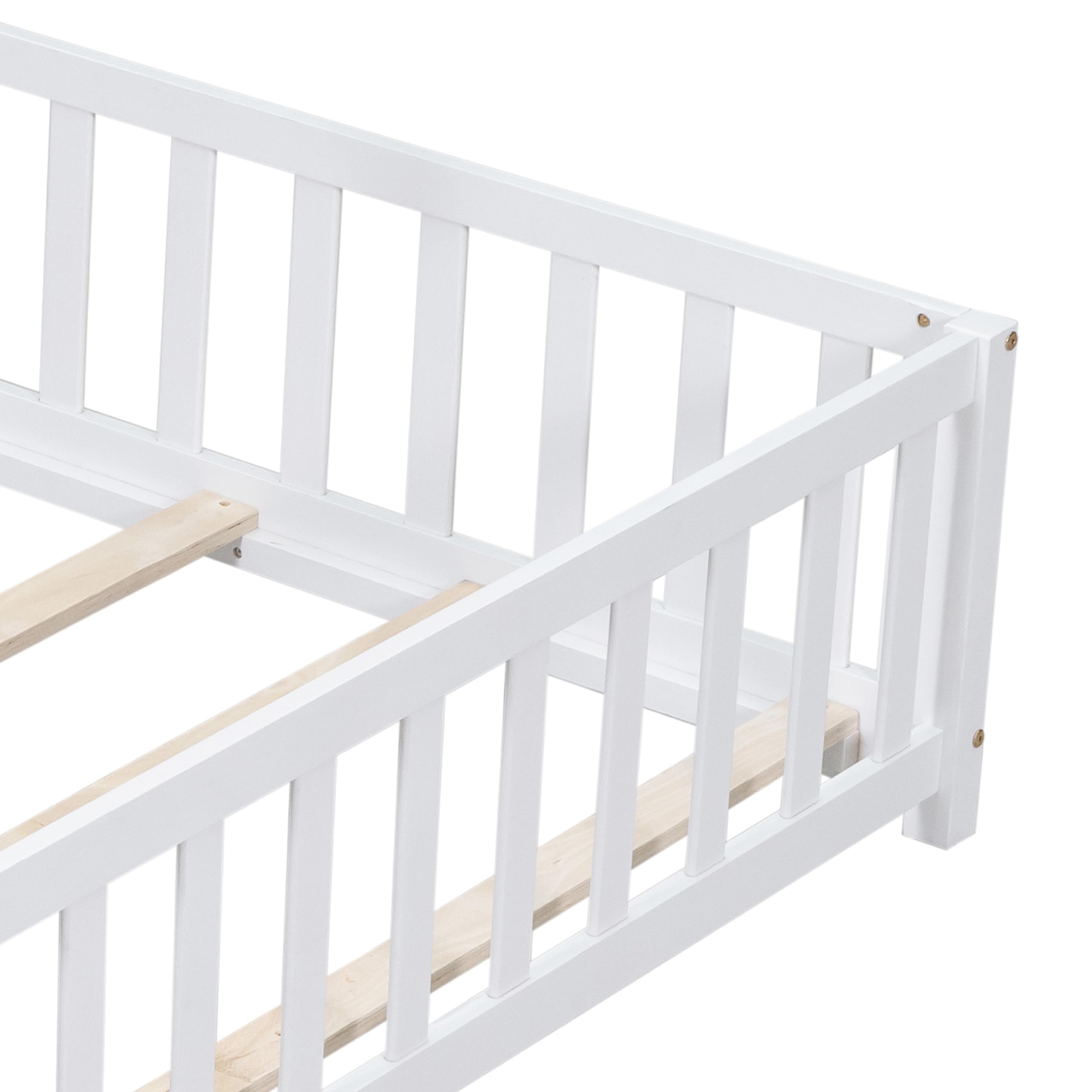 Bellemave Floor Bed Full Size Montessori Bed Frame with Fence and Door, Wooden Full Platform Bed for Kids, Boys Girls, Solid Wood Full Bed, No Box Spring Needed (White)