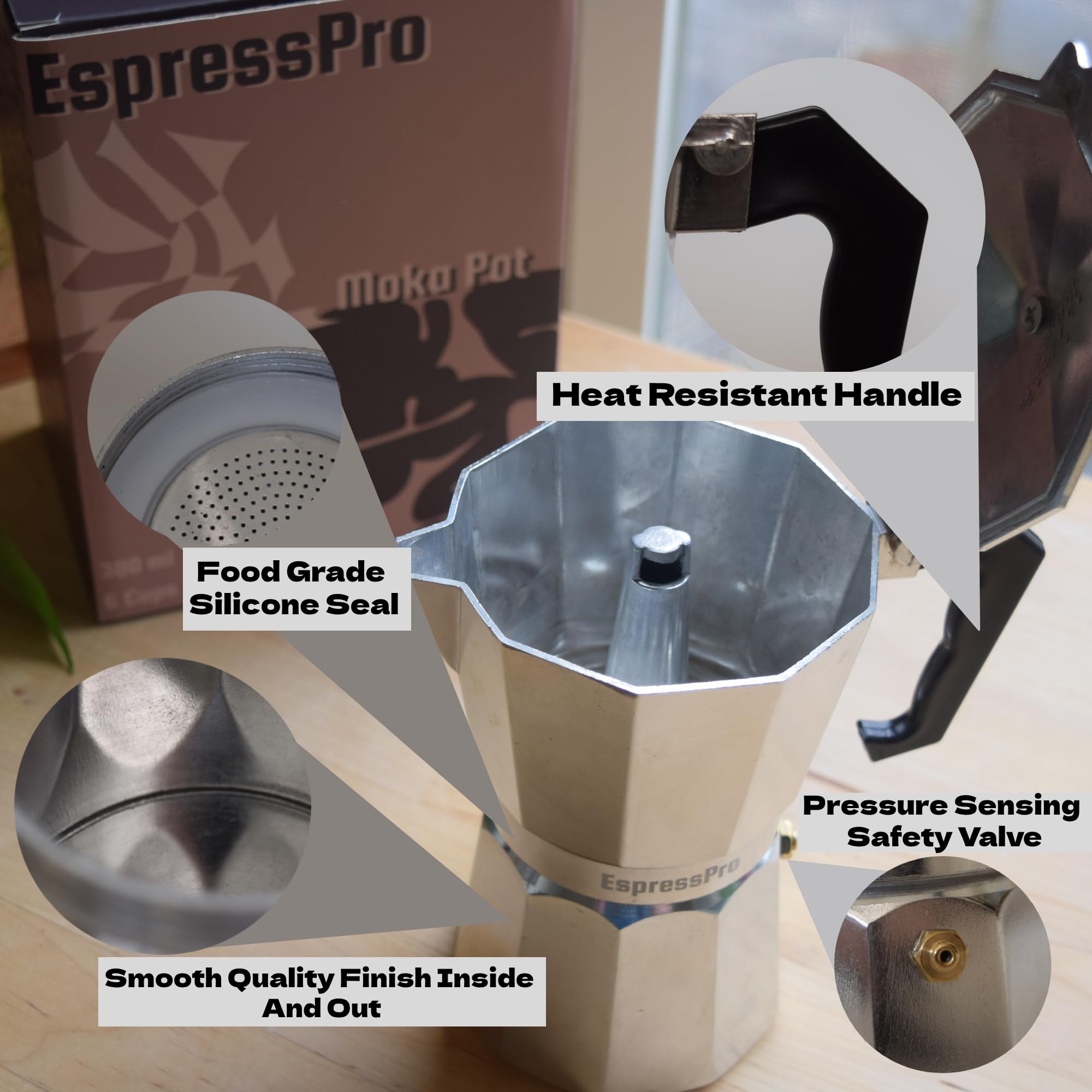 EspressPro- 6 Cup Moka Pot Espresso Maker- Grecas de Cafe Percolator Coffee Pot- Small Coffee Maker- Camping Coffee Makers- Portable Coffee Maker- Cuban Coffee Maker- Stove Top Espresso Coffee Maker