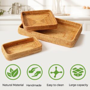 Rattan Serving Tray, Set of 3 Rectangle Woven Tray, Wicker Storage Basket Wicker Baskets for Organizing, Natural Wicker Decorative Serving Baskets for Organizing Tabletop Bathroom Kitchen Counter