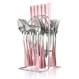 24 pieces flatware set, stainless steel cutlery set with silverware holder, spoons forks knives set,hanging silverware set service for 6,durable stainless steel utensils set (white)