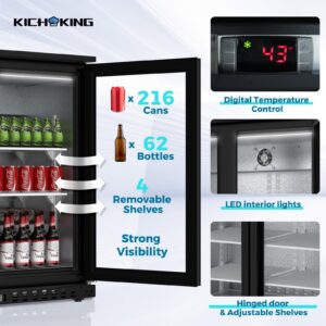 KICHKING 7.4 Cu.Ft Back Bar Cooler 35.4" W Beverage Refrigerator, 2 Low-E Glass Doors, Counter Height Bar Fridge, Commercial Display Refrigerator Anti-Fog, LED Light Beer, Wine, Soda, Soft Drinks