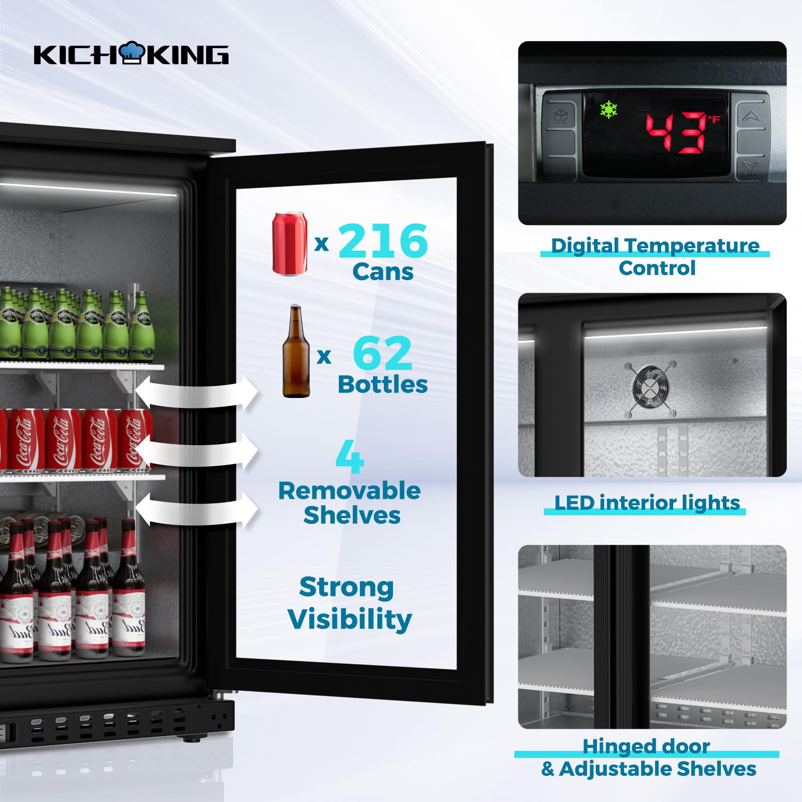 KICHKING 7.4 Cu.Ft Back Bar Cooler 35.4" W Beverage Refrigerator, 2 Low-E Glass Doors, Counter Height Bar Fridge, Commercial Display Refrigerator Anti-Fog, LED Light Beer, Wine, Soda, Soft Drinks