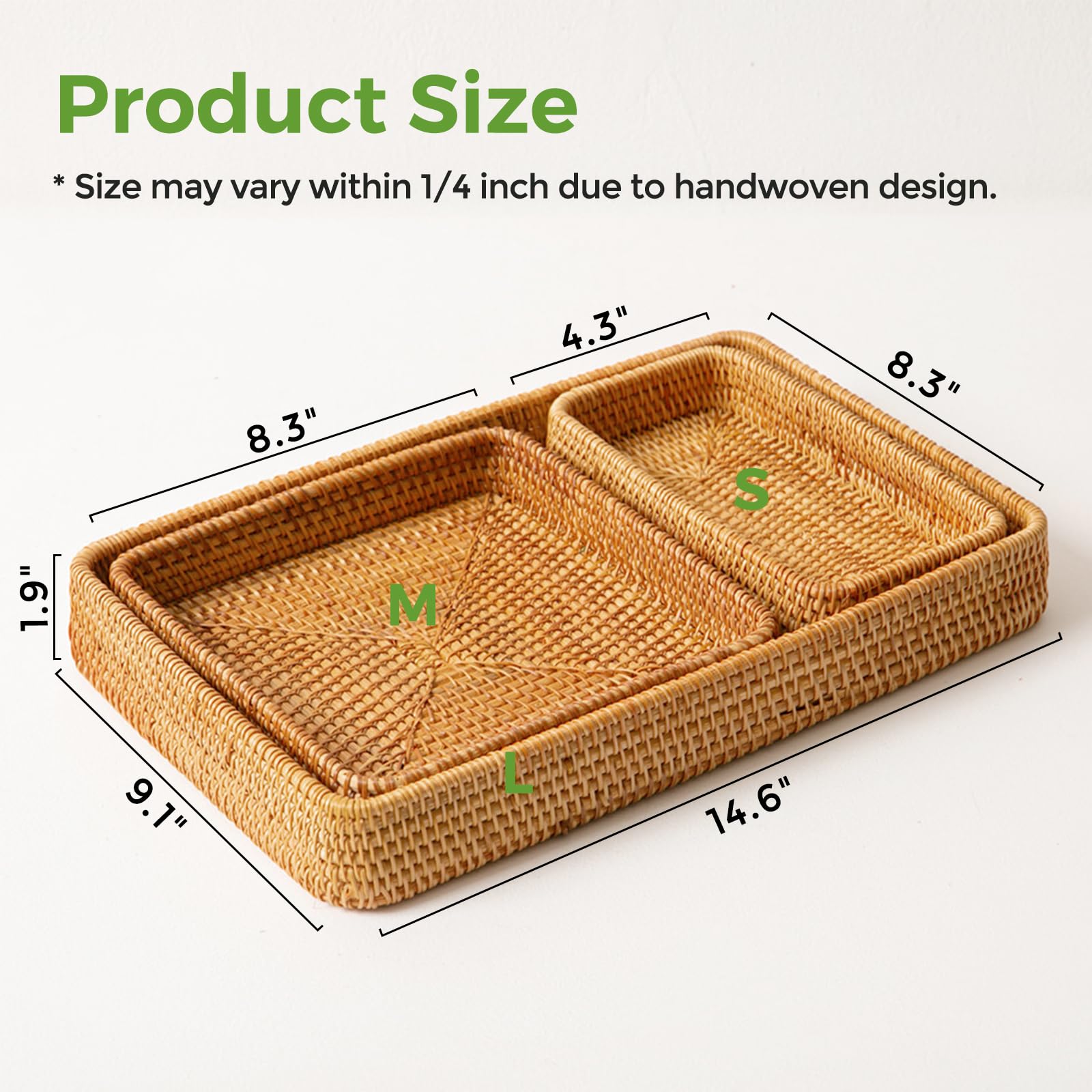 Rattan Serving Tray, Set of 3 Rectangle Woven Tray, Wicker Storage Basket Wicker Baskets for Organizing, Natural Wicker Decorative Serving Baskets for Organizing Tabletop Bathroom Kitchen Counter