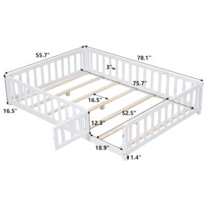 Bellemave Floor Bed Full Size Montessori Bed Frame with Fence and Door, Wooden Full Platform Bed for Kids, Boys Girls, Solid Wood Full Bed, No Box Spring Needed (White)