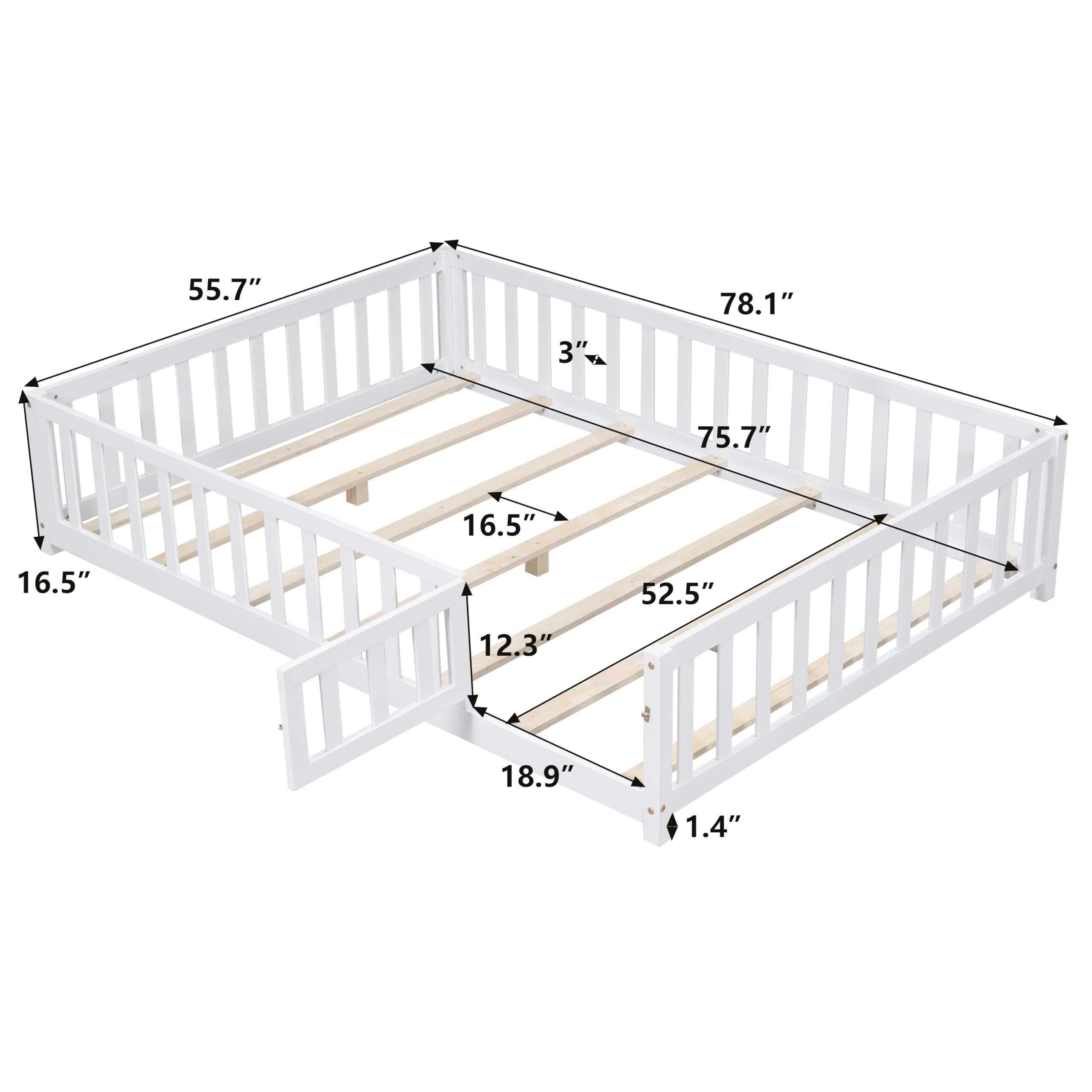 Bellemave Floor Bed Full Size Montessori Bed Frame with Fence and Door, Wooden Full Platform Bed for Kids, Boys Girls, Solid Wood Full Bed, No Box Spring Needed (White)