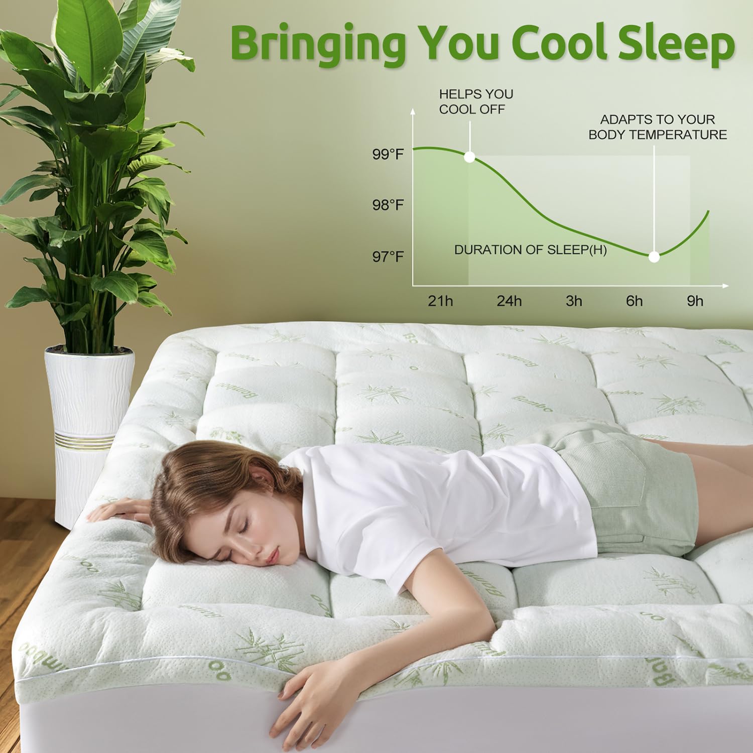 Shilucheng Cooling Queen Mattress Topper, Extra Thick 1200 GSM Down Alternative Fill Washable, Soft Mattress pad for Back Pain, Bed Mattress Topper with 8-21" Deep Pocket(Green，60"x80")