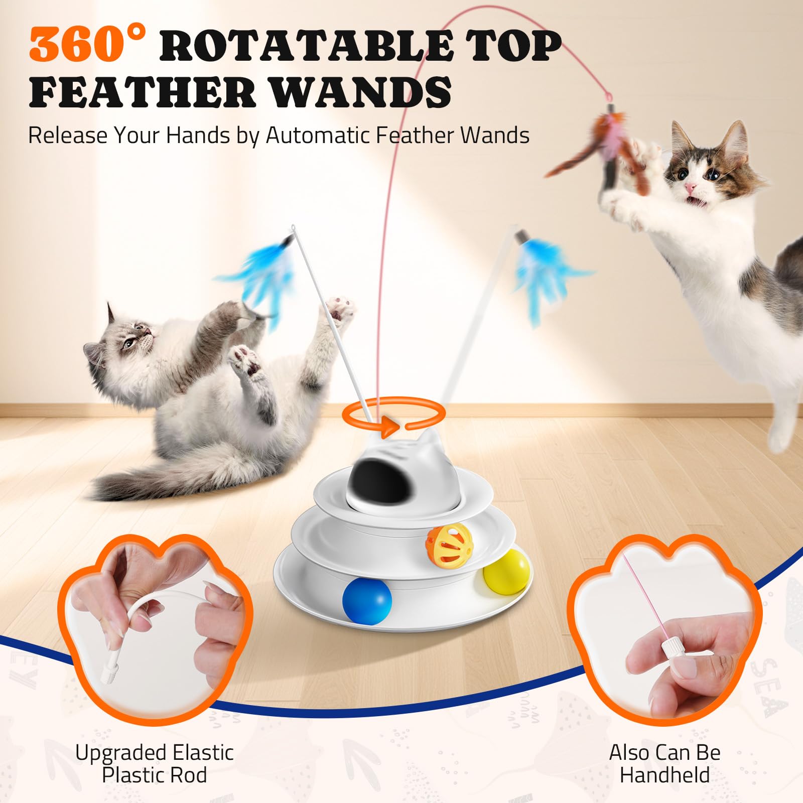 Interactive Cat Toy: 5 in 1 Automatic Cat Toy for Indoor Cats, Rechargeable Hide and Seek Toy with PVC Cover, Battery Operated Kitten Laser Toy, Self Play Fluttering Feather Wand with Track Ball