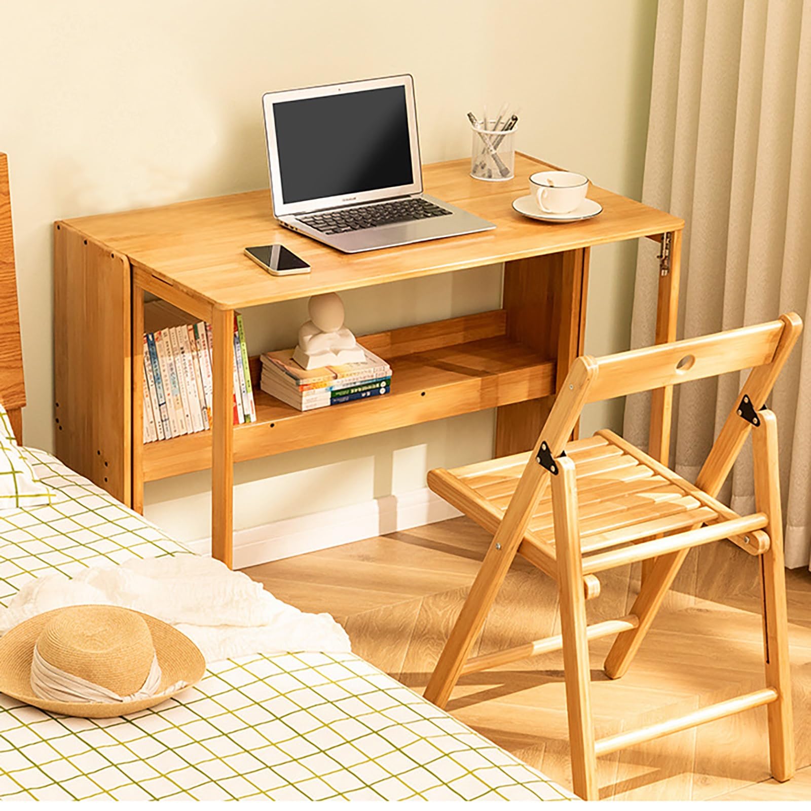 TrueyEssence Folding Desk, Small Computer Table with Bookshelf Writing Desk Laptop Desk Vanity Table Bamboo Workstation for Home Office Wood Color