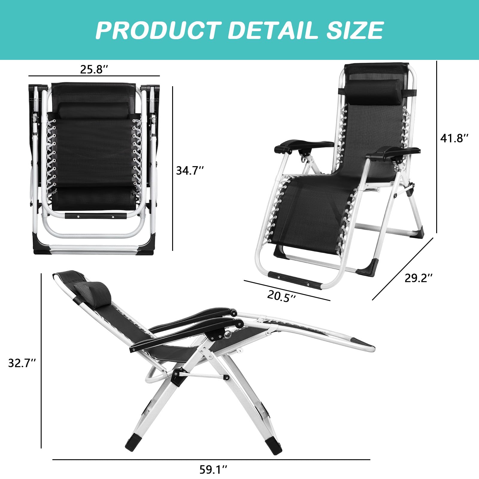 OFIKA Zero Gravity Chair,Adjustable Folding Reclining Lounge Chair with Removable Cushion&Headrest,Cup Holder, Foot Rest, Polyester Mesh,Reclining Patio Chair for Indoor and Outdoor