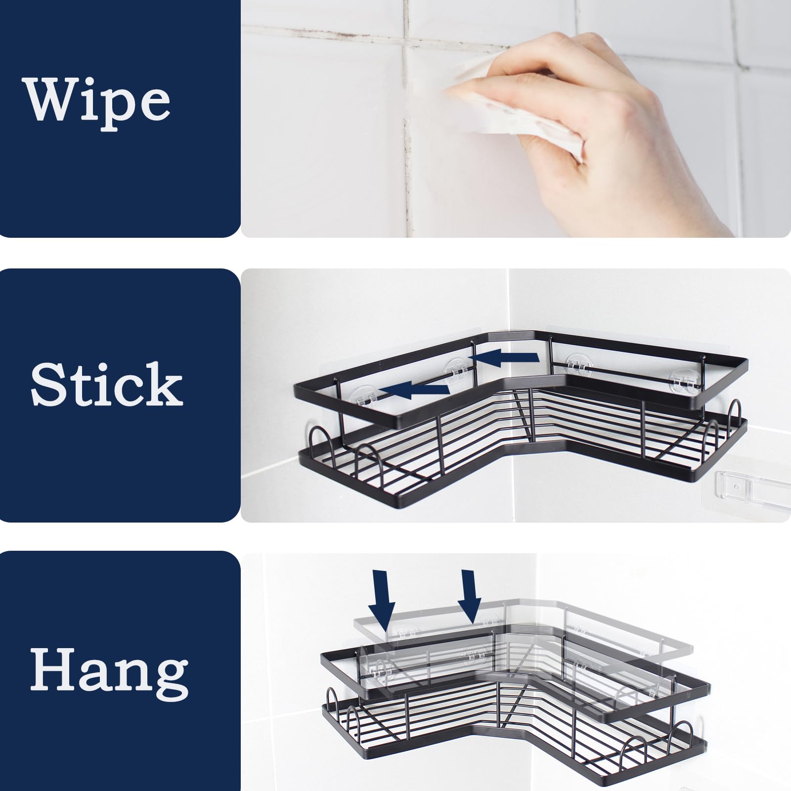 FeekaLife Corner Shower Caddy Shower Organizers Adhesive No Drilling Bathroom Shelves for Storage Shower Organization Shower Caddy Home Decor Kitchen Carbon Steel 2 Pack Black