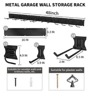 48 Inch Garden Tool Organizer, Wall Mount Tool Storage Rack, Heavy Duty Yard Tool Organizer for Garage With 10 Adjustable Hooks Max Load 750 LBS Garage Shelving for Hanging Rake, Shovels, Trimmers