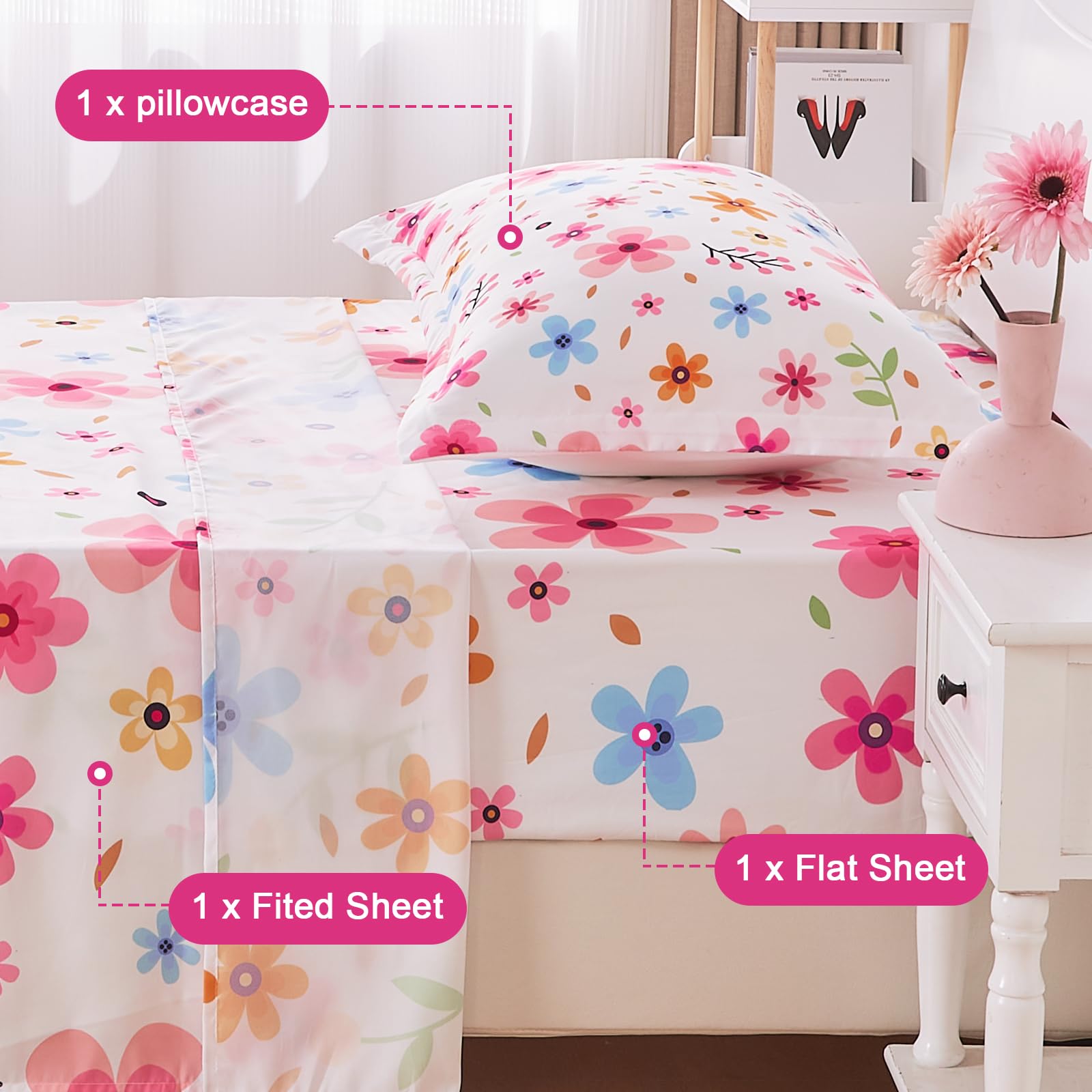 Cozyholy Twin Sheets Set Colorful Floral Bed Sheets Set Girls Cute Soft Microfiber Cooling Sheets 3 Pieces Kids Twin Size Bed Set Wrinkle Free, 15 inch Deep Pocket Fitted Sheet, Flat Sheet, Pillowcase