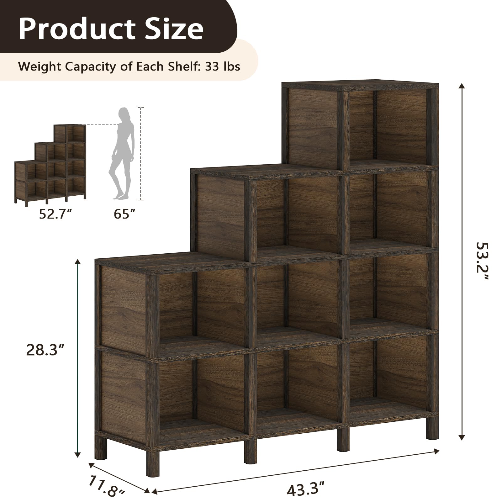 TVU 9-Cube Ladder Bookcase & Bookshelf, Floor Standing Display Storage 12 Shelves Bookshelf (Rustic Brown)