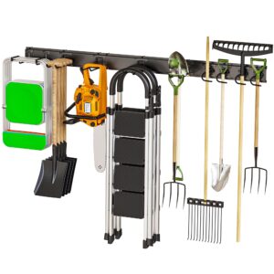 48 inch garden tool organizer, wall mount tool storage rack, heavy duty yard tool organizer for garage with 10 adjustable hooks max load 750 lbs garage shelving for hanging rake, shovels, trimmers