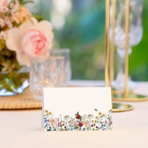 Whaline 100Pcs Floral Place Cards 2 x 3.5 Inch Vintage Wildflower Tented Cards Blank Table Name Sign for Wedding Banquet Bridal Baby Shower Birthday Party Table Setting Supplies