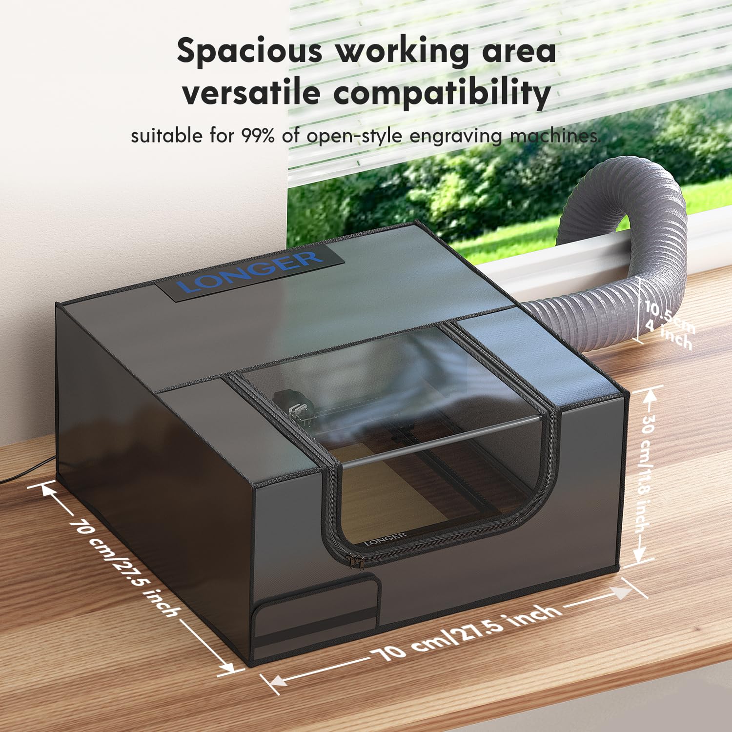 LONGER Laser Engraver Enclosure with Vent, 27.5x27.5x11.8 inches Laser Cutter Machine Protective Cover for Most Laser Engraving Machine Insulates Against Smoke and Odor Noise Reduction Eye Protection