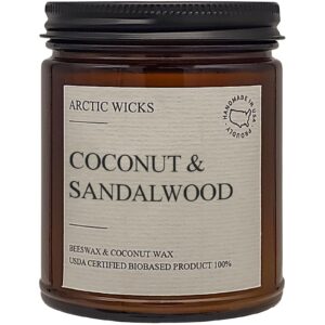 coconut & sandalwood candles | arctic wicks non toxic coconut beeswax candles | natural coconut beeswax 9oz amber jar | candles wax non-toxic clean burn 100% usda certified biobased