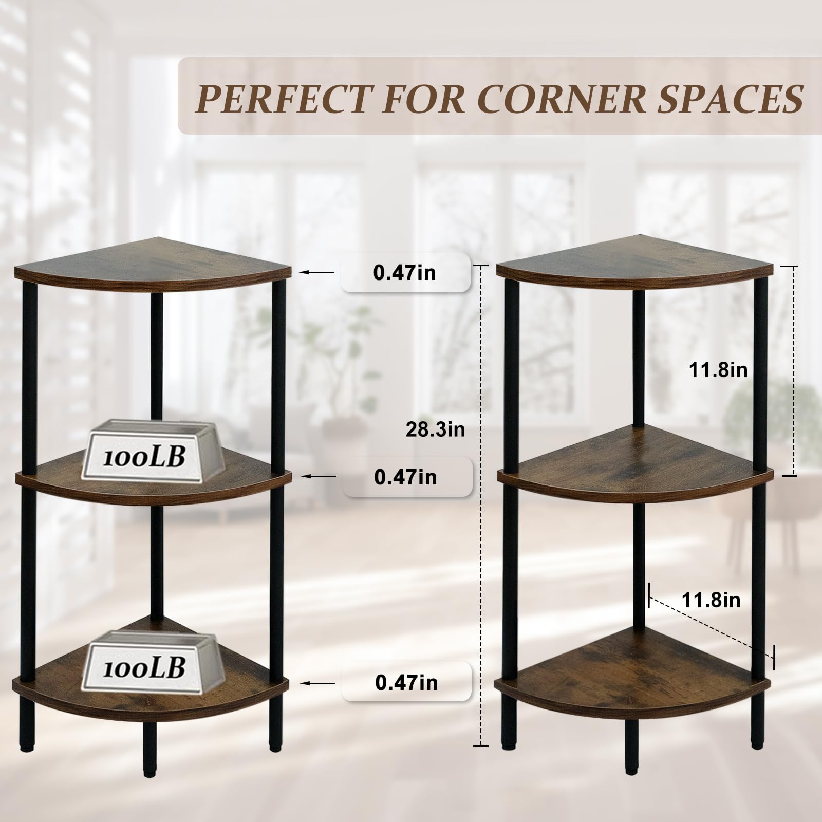 Ymesiyou 3 Tier Corner Shelf Stand, 28 Inch Rustic Industrial Corner Bookshelf, Storage Standing Shelf Unit, Plant Stand, Short Corner Table for Small Spaces in Living Room,Bedroom,Home Office