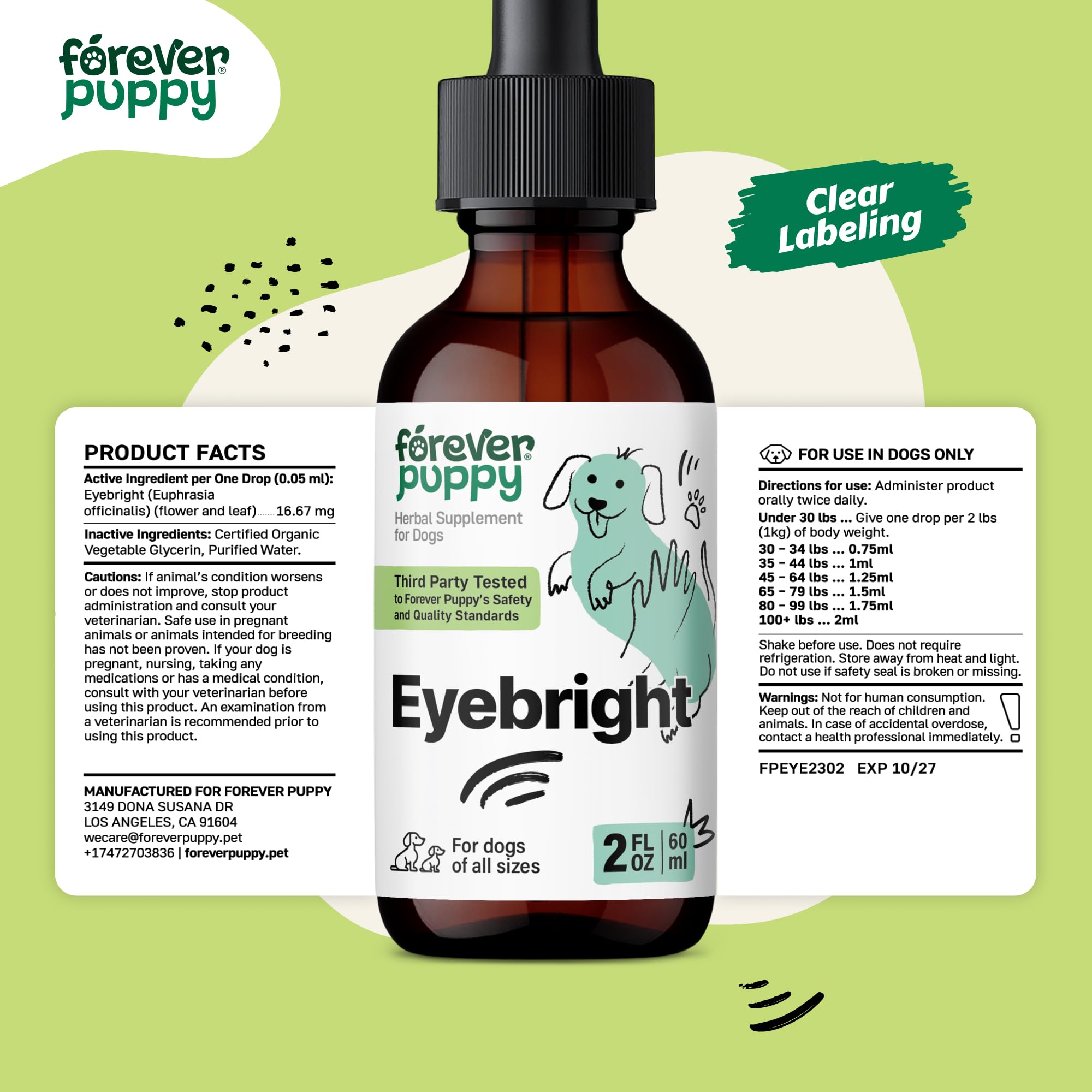 Eyebright Drops for Dogs - Dietary Eye Supplement for Dogs of Small, Medium & Large Breed - Liquid Eye Vitamins for Soothing Irritation - Dog Food Supplements for Eye Care w/Eyebright Herb - 2 oz