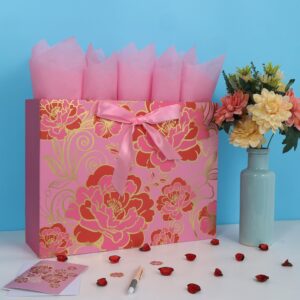 16.5" Extra Large Rose Pink Gift Bag Set with Greeting Card and Tissue Paper(Foil Traced Flowers) for Celebrating Birthdays, Mother's Day, Weddings, Anniversary, Valentine's Day - 16.5”x5.5”x12.6”, 1 Pcs.