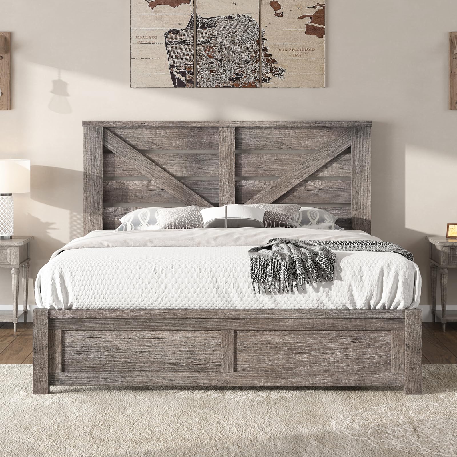 AMERLIFE Queen Size Farmhouse Bed Frame with 49.2" Barn Door Headboard, Platform Bed Frame with Wood Slats, Under Bed Storage Space, Easy Assembly, Noisy Free, Rustic Gray