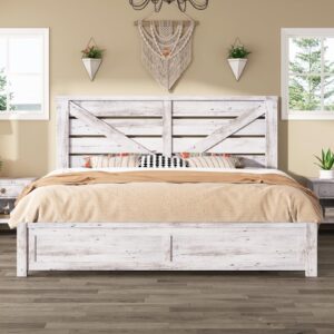 AMERLIFE King Size Farmhouse Bed Frame with 49.2" Barn Door Headboard, Platform Bed Frame with Wood Slats, Under Bed Storage Space, Easy Assembly, Noisy Free, Distressed White