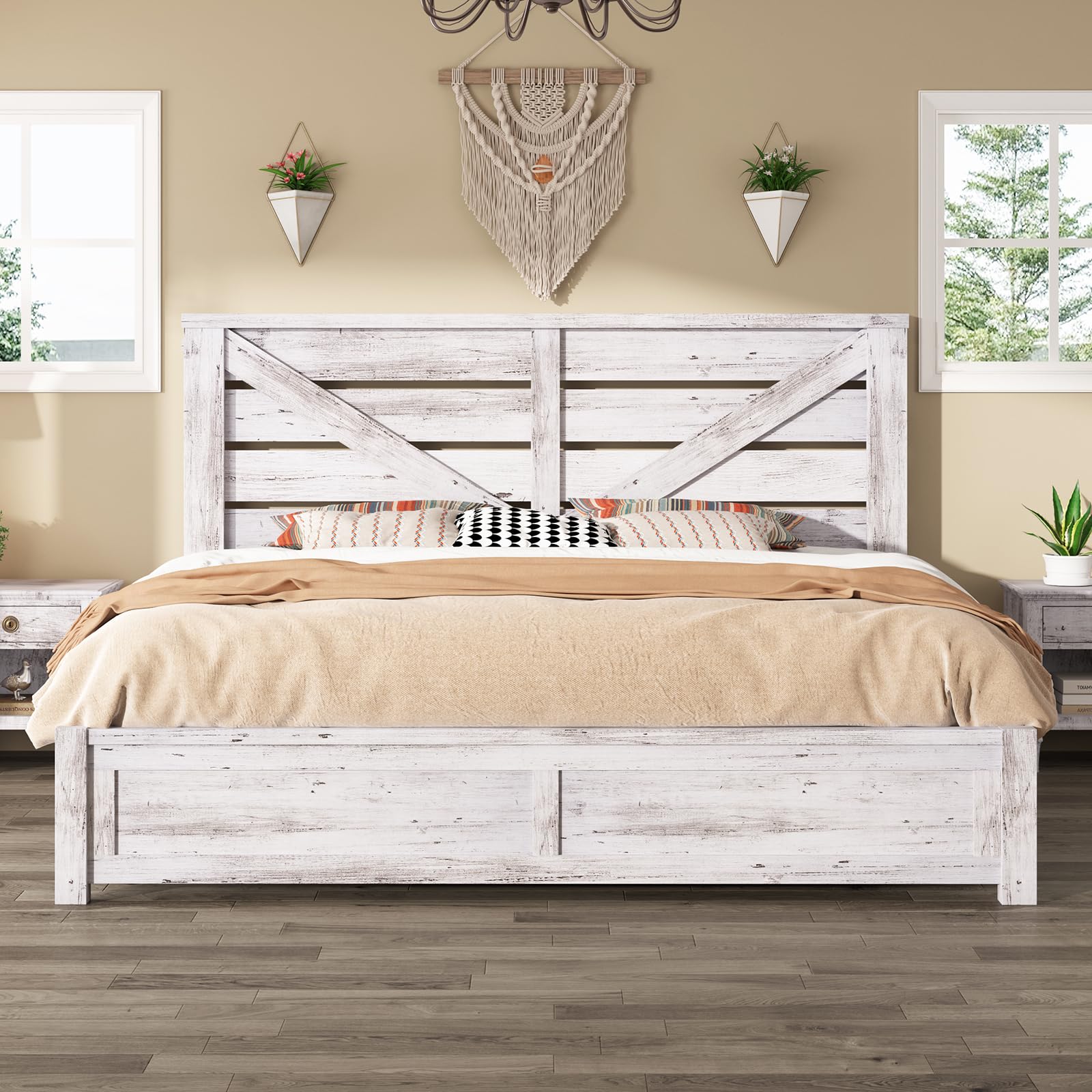 AMERLIFE King Size Farmhouse Bed Frame with 49.2" Barn Door Headboard, Platform Bed Frame with Wood Slats, Under Bed Storage Space, Easy Assembly, Noisy Free, Distressed White