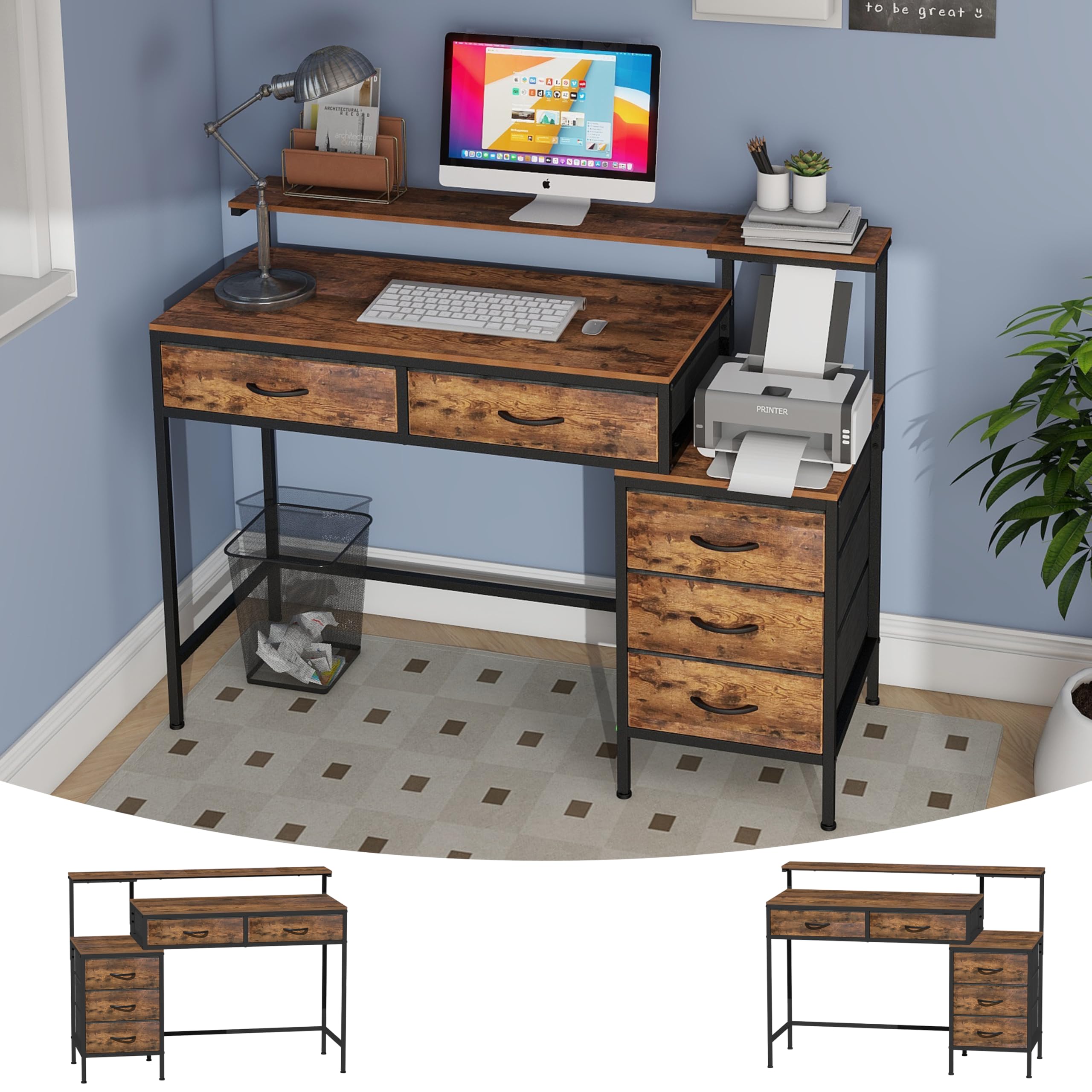 VENNQD Computer Desk with Reversible Drawer Cabinet Printer Stand, Ergonomic Office Desk with Monitor Stand, Home Office Desks with Storage Fabric File Drawers for Writing, Gaming, Studing (Brown)