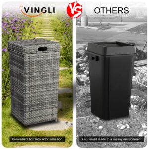 VINGLI Wicker Patio Trash Can, 27 Gallon Rattan Trash Can with Removable Lid, Outdoor Wicker Waste Basket, Wast Container (Grey)