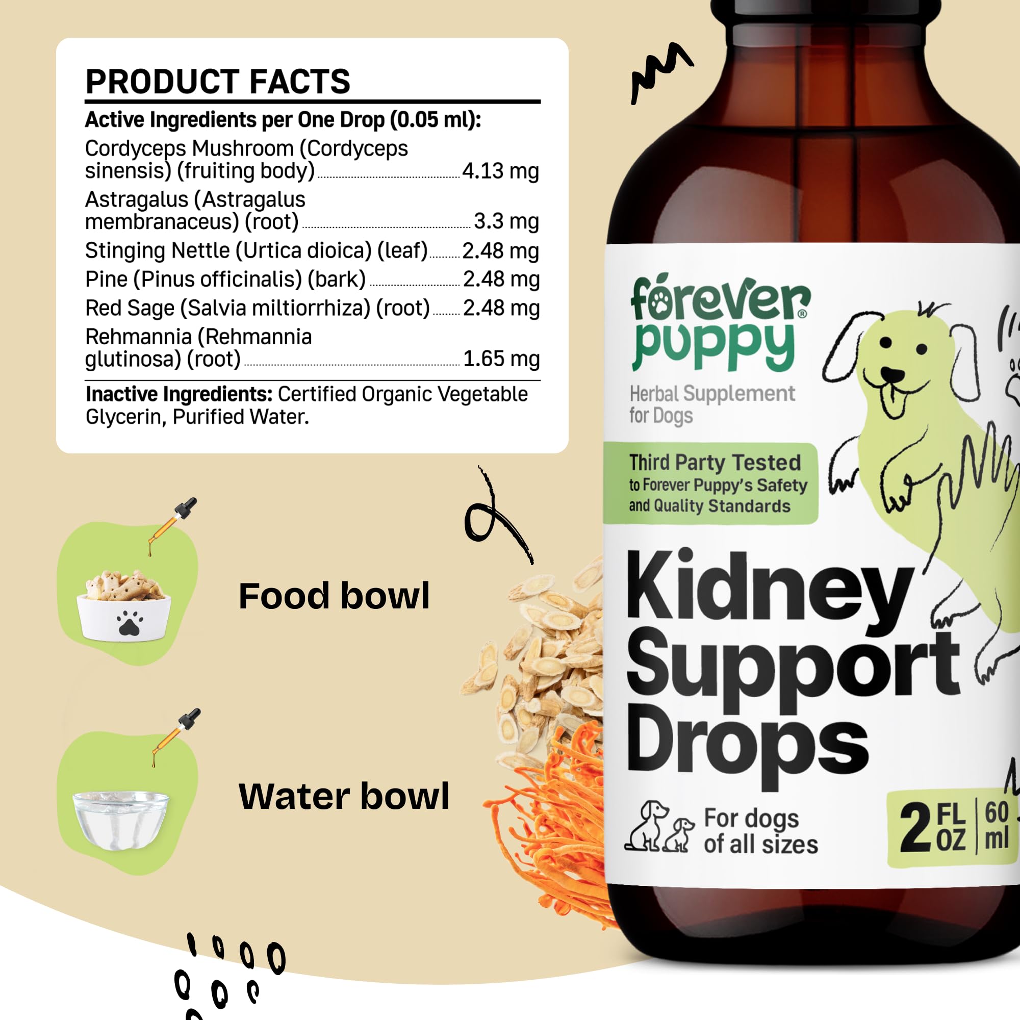 Kidney Support Drops for Dogs - Natural Kidney Care w/Cordyceps Mushroom & Stinging Nettle Leaf - Dog Food Supplements for Dogs' Kidney Health - Liquid Pet Vitamins and Supplements - 2 oz