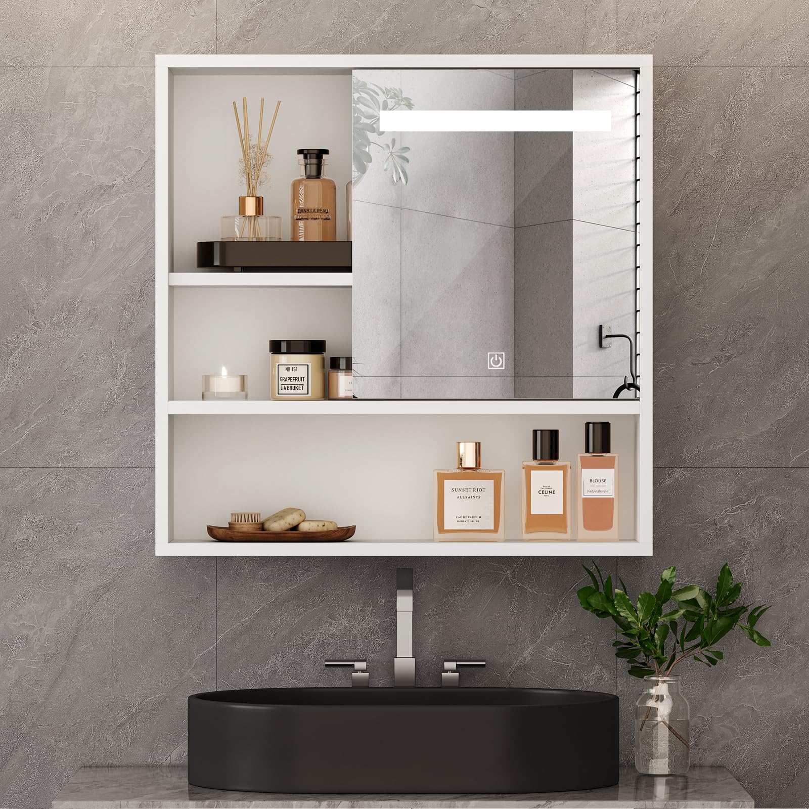 Sunghome Medicine Cabinet Mirror Bathroom Wall Cabinet, LED Light Bathroom Mirror with Storage, Medicine Cabinets with Slid Door and Adjustable Shelf, White, 24'' x 23.6''