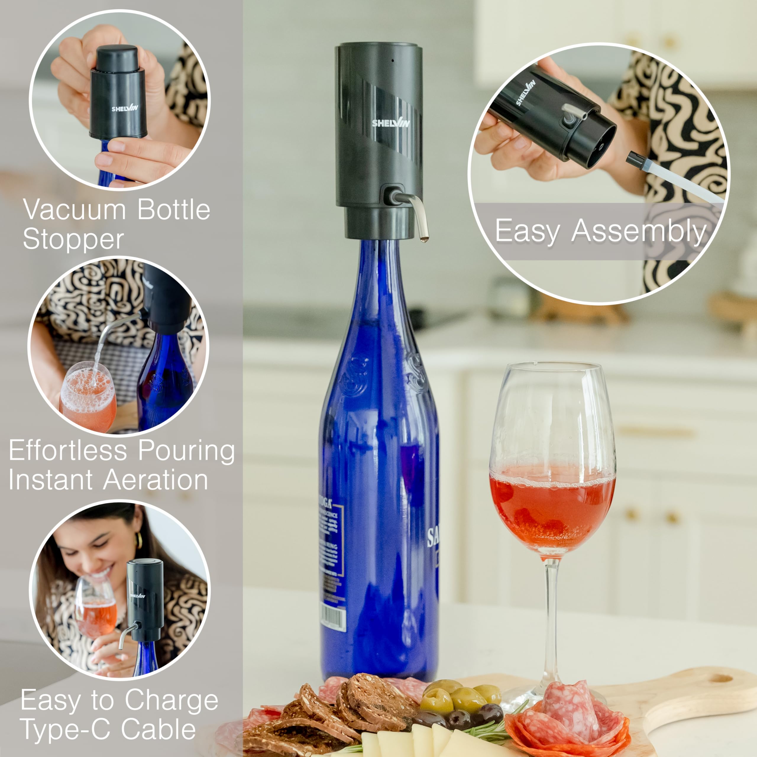 Electric Wine Aerator and Vacuum Bottle Stopper Preserver - USB Rechargeable Automatic Drink Dispenser Decanter Instantly Pours Flavor-Rich White and Red Wine Perfect for Home, Bar, Wine-lovers Gift