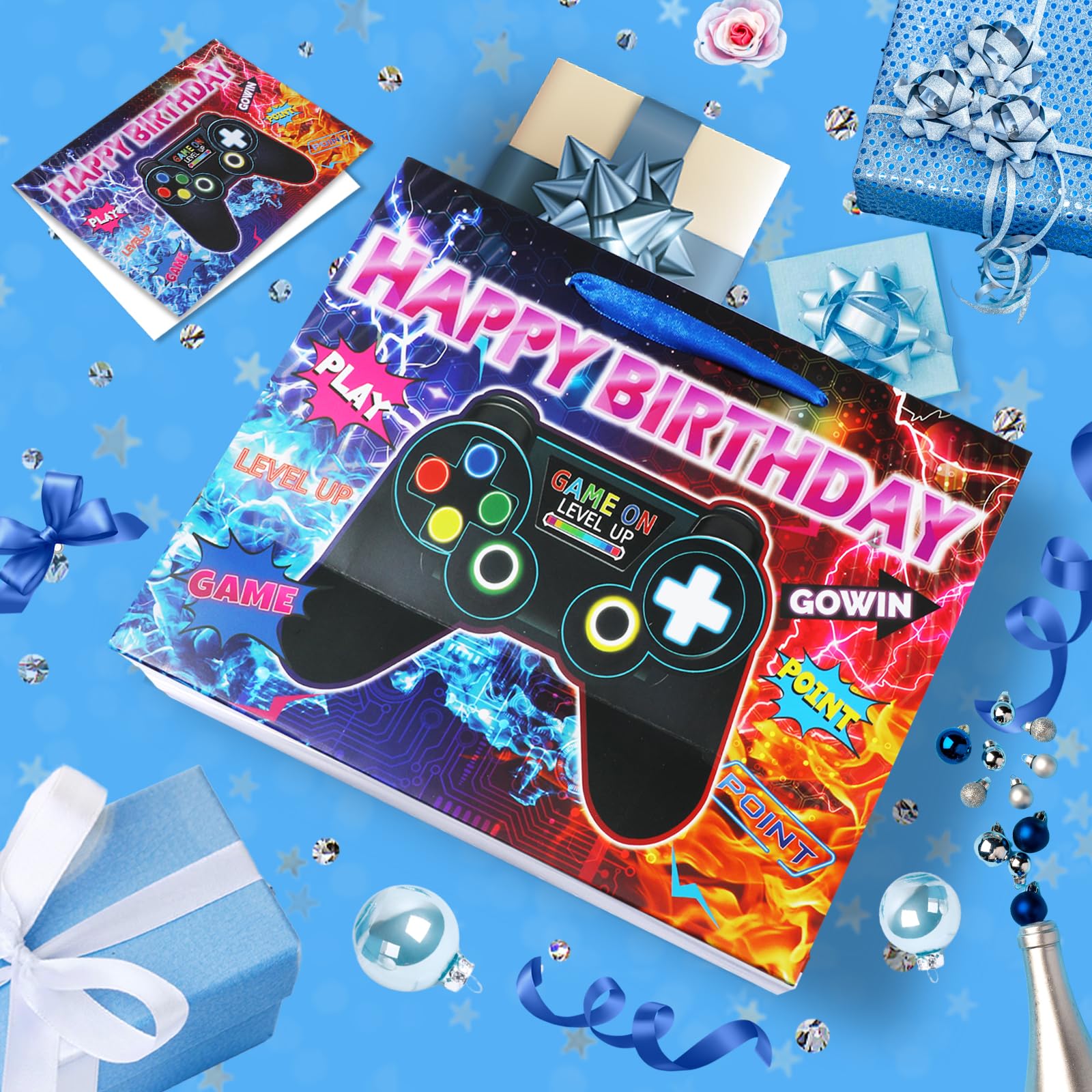 Game Theme Birthday Gift Bags Video Game Birthday Party Decorations Gaming Birthday Favor Bags with Gamer Happy Birthday Tissue Paper and Greeting Card for Boys Girls Game Theme Birthday Christmas Party Decor