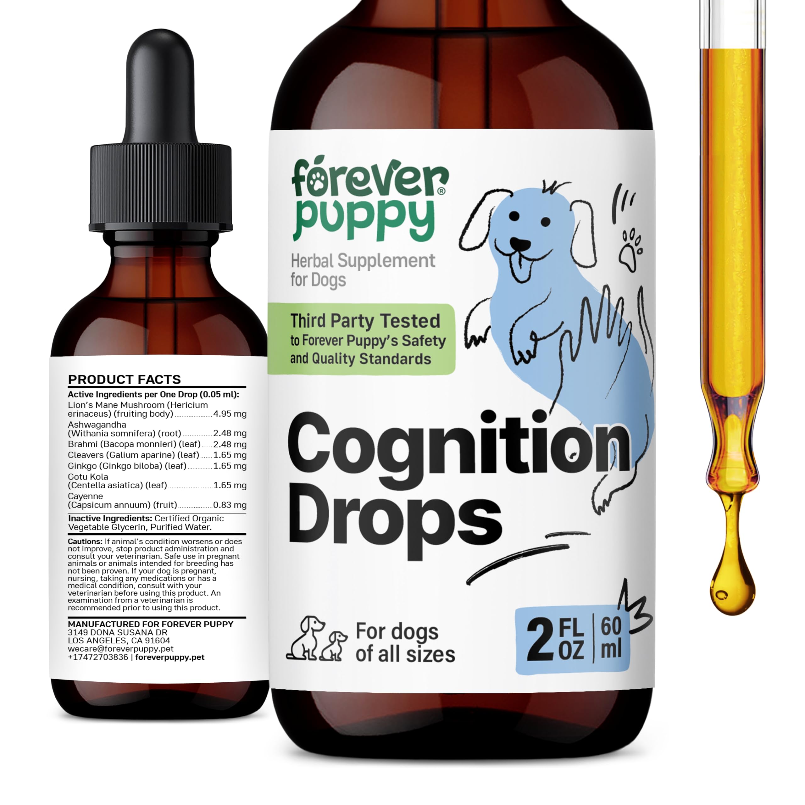 Cognition Drops for Dogs - Brain Supplement for Dogs w/Lion's Mane Mushrooms and Ginkgo Biloba - Vegan Cognitive Drops for Happy Dogs - Liquid Dog Food Supplements for Brain Health and Focus - 2 oz