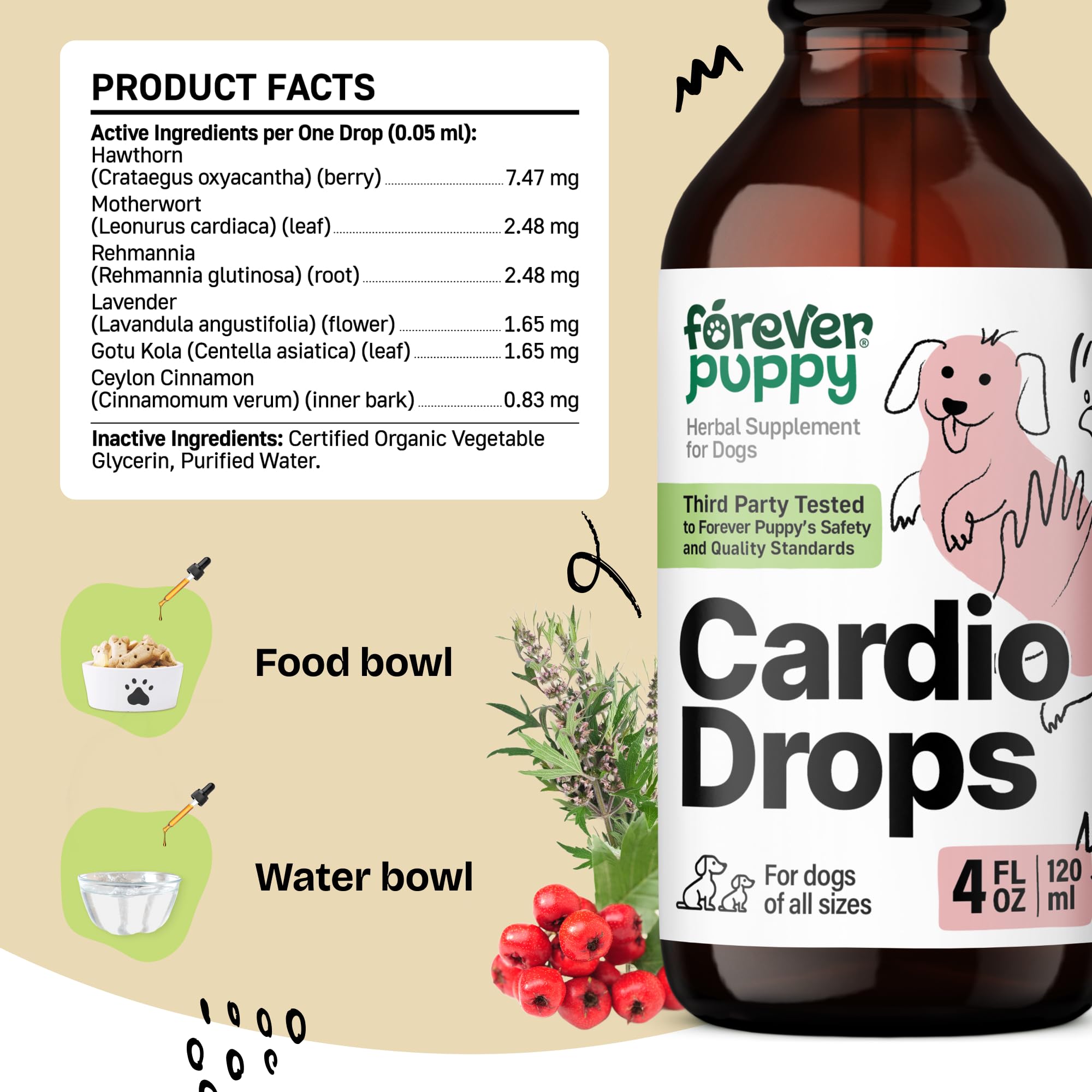 Cardio Drops for Dogs - Heart Support for Dogs with Hawthorn Berry and Motherwort Herb - Pet Liquid Drops with Lavender Extract - Herbal Dog Vitamins and Supplements for Dog's Health Care - 4 oz