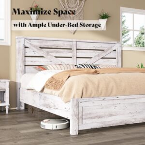 AMERLIFE King Size Farmhouse Bed Frame with 49.2" Barn Door Headboard, Platform Bed Frame with Wood Slats, Under Bed Storage Space, Easy Assembly, Noisy Free, Distressed White